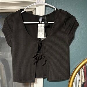Zumiez black Ribbed Crop Blouse with Tie Front